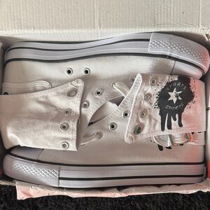 NEW White/black CANVAS SHOES HIGH TOP FLAT SNEAKERS W/ buckle. Sz.10 (kids)